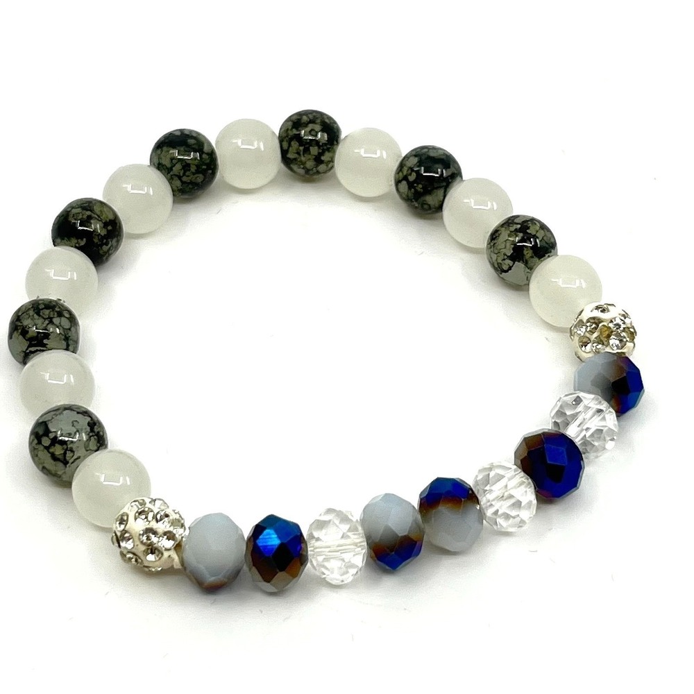 VTG Y2K Beaded Stretch‎ Bracelet Agate Style Stone Crystal Rhinestone Boho Blue